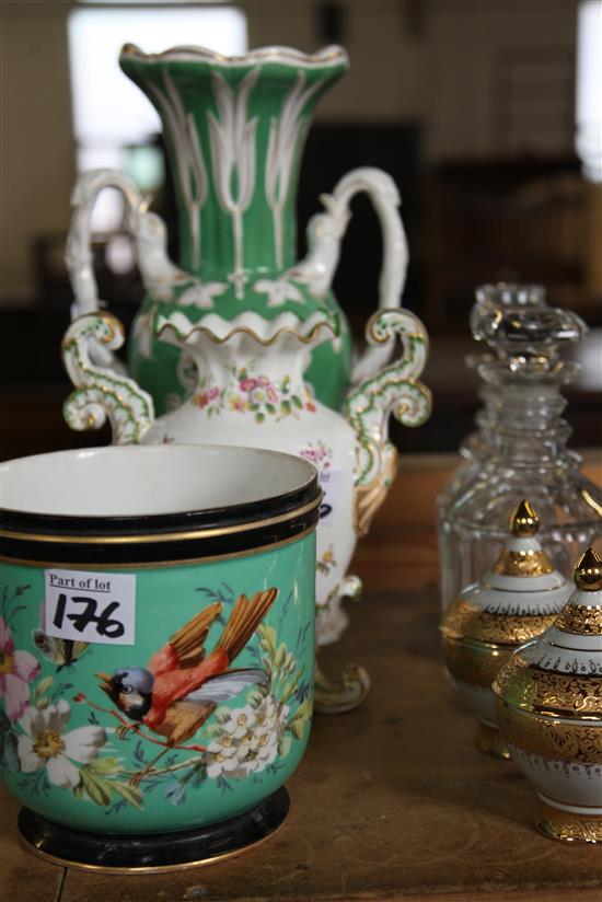 3 Continental porcelain vases, pair of decanters & 2 lidded pots(-)